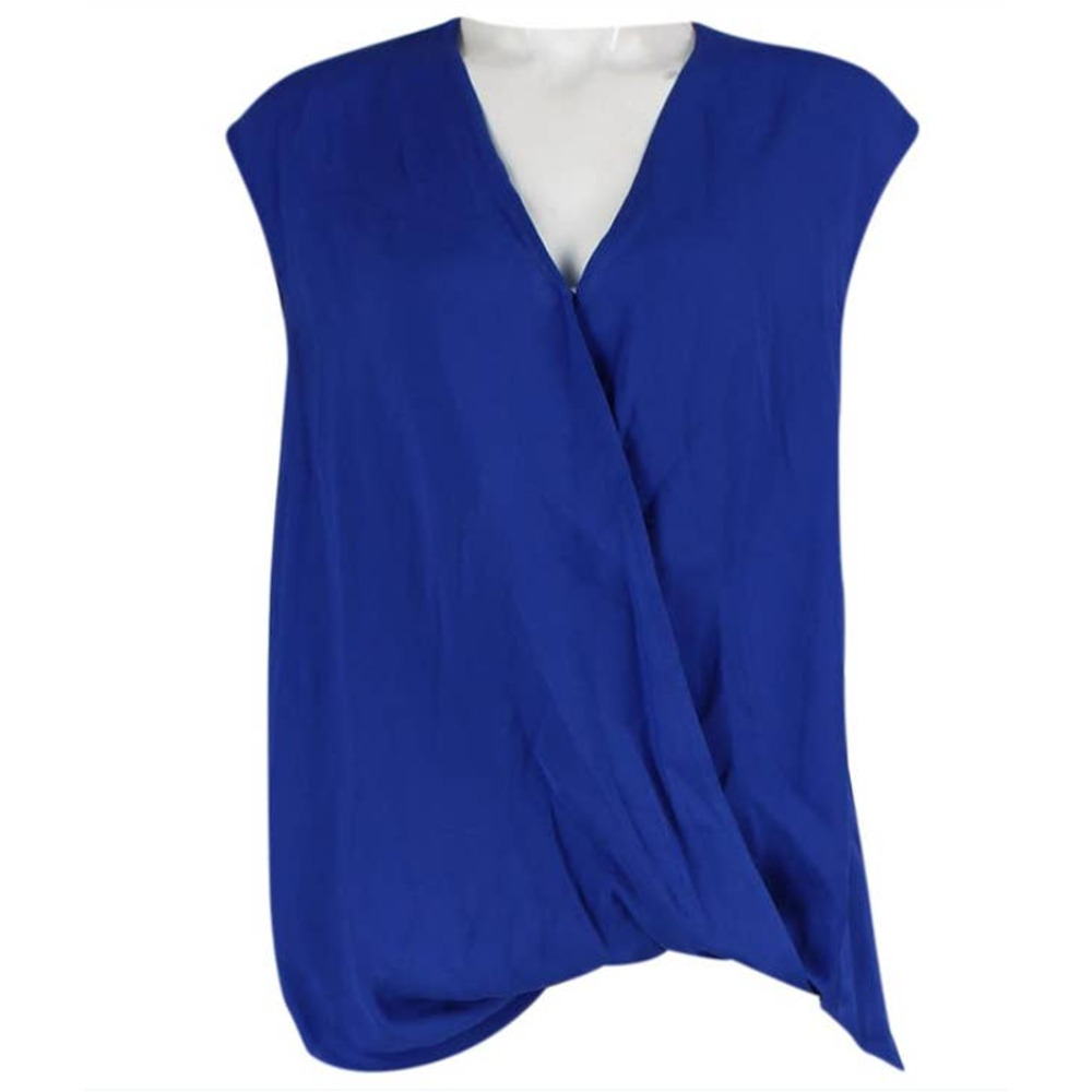 3.1 Phillip Lim Royal Blue 100% Silk Wrap Front Sleeveless V-Neck Blouse Size 6